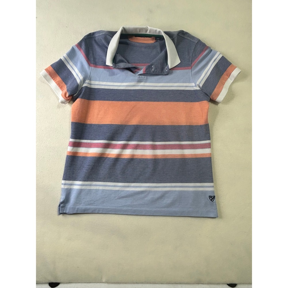 Cremieux Collection Mens Large Striped Polo Shirt Blue Orange Pique Short Sleeve
